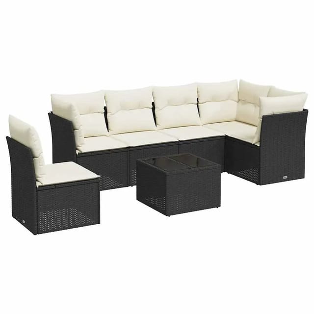 vidaXL 7-Tlg Garten-Sofagarnitur mit Kissen Schwarz Poly Rattan 3249545