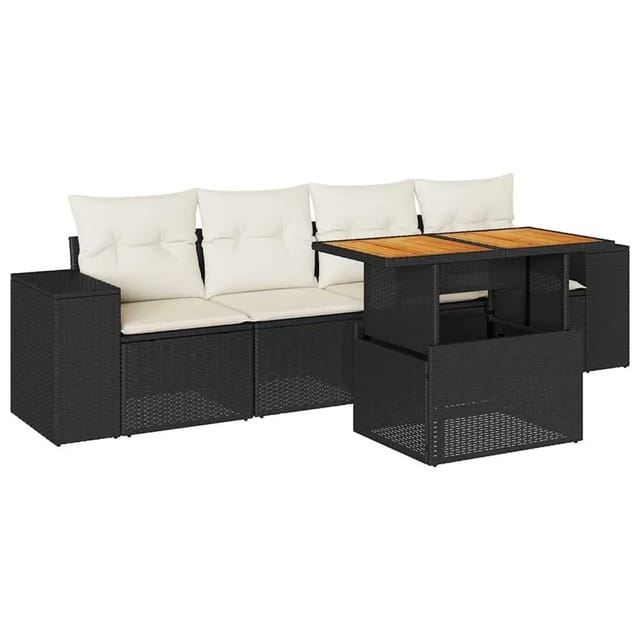 vidaXL 5-Tlg Garten-Sofagarnitur mit Kissen Schwarz Poly Rattan 3327318