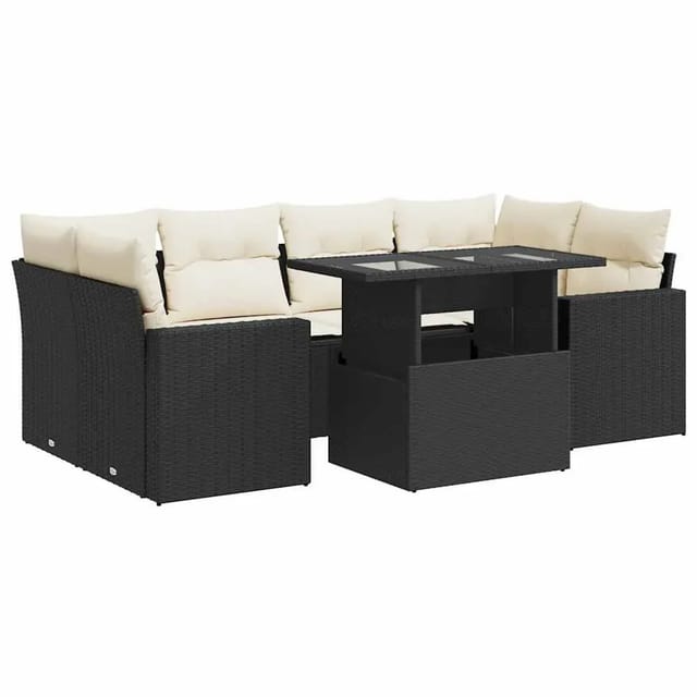 vidaXL 7-Tlg Garten-Sofagarnitur mit Kissen Schwarz Poly Rattan 3326267