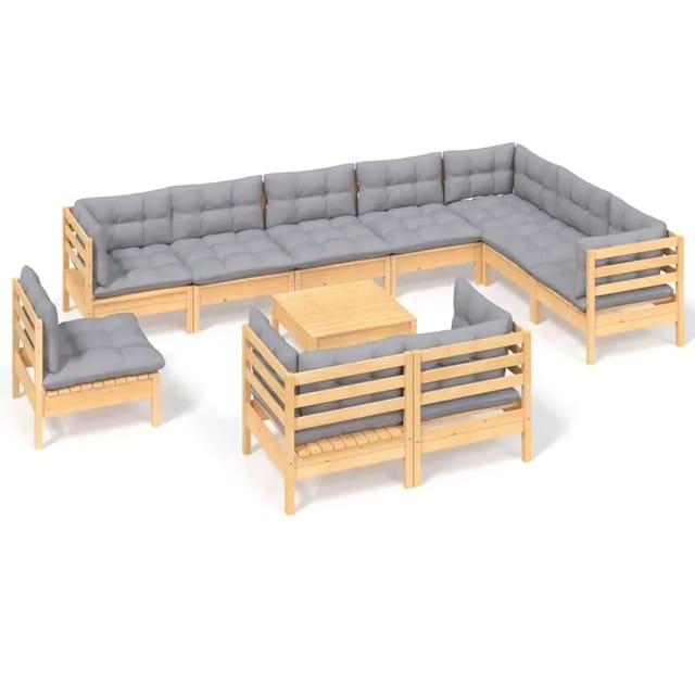 vidaXL 11-Tlg Garten-Lounge-Set mit Grauen Kissen Kiefer Massivholz 3096784