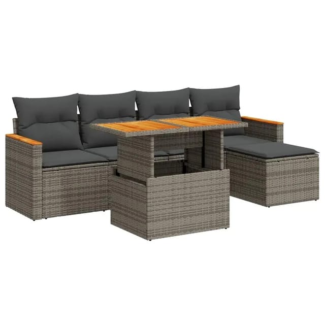 vidaXL 6-Tlg Garten-Sofagarnitur mit Kissen Grau Poly Rattan Akazie 3327476