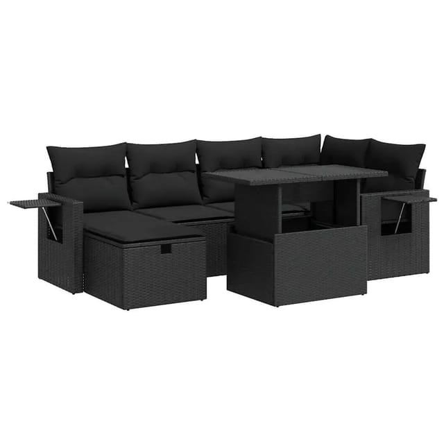 vidaXL 7-Tlg Garten-Sofagarnitur mit Kissen Schwarz Poly Rattan 3327855