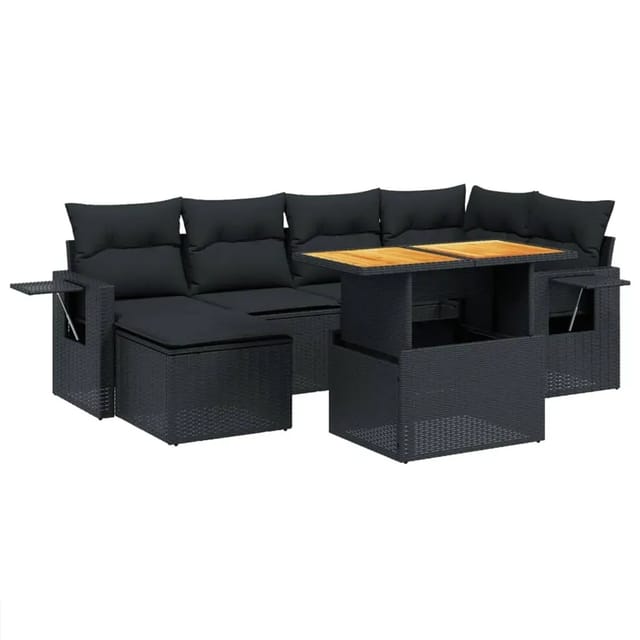 vidaXL 7-Tlg Garten-Sofagarnitur mit Kissen Schwarz Poly Rattan 3271853
