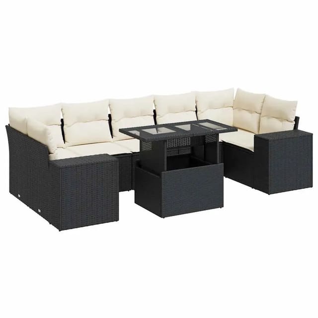 vidaXL 8-Tlg Garten-Sofagarnitur mit Kissen Schwarz Poly Rattan 3326757