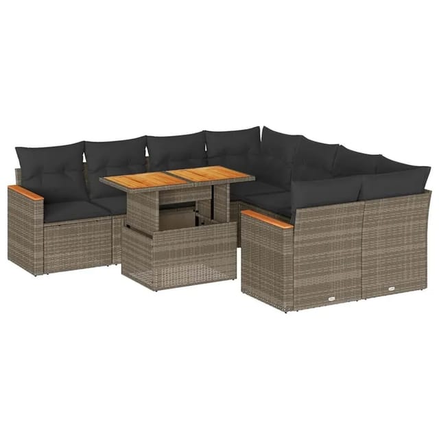 vidaXL 9-Tlg Garten-Sofagarnitur mit Kissen Grau Poly Rattan Akazie 3327469