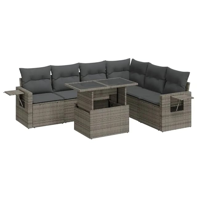 vidaXL 7-Tlg Garten-Sofagarnitur mit Kissen Grau Poly Rattan 3326491