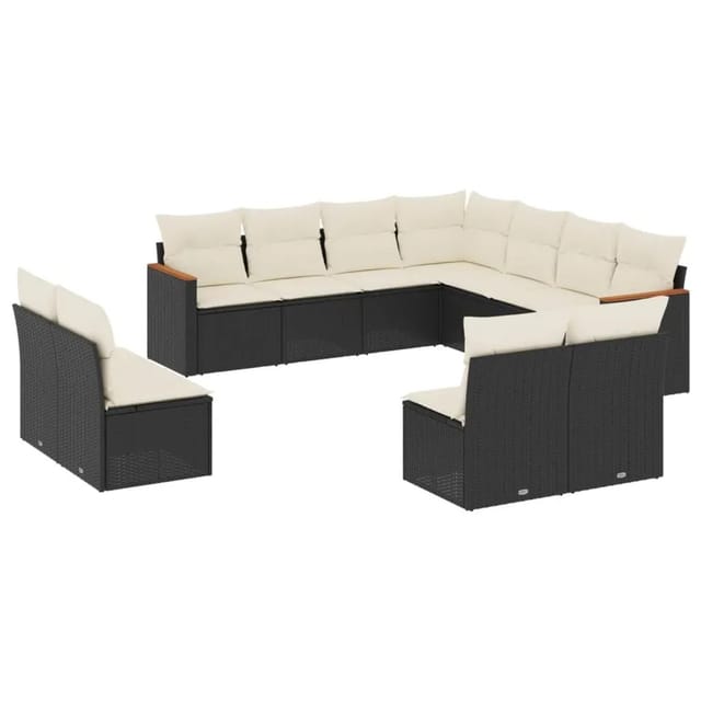 vidaXL 11-Tlg Garten-Sofagarnitur mit Kissen Schwarz Poly Rattan 3258486