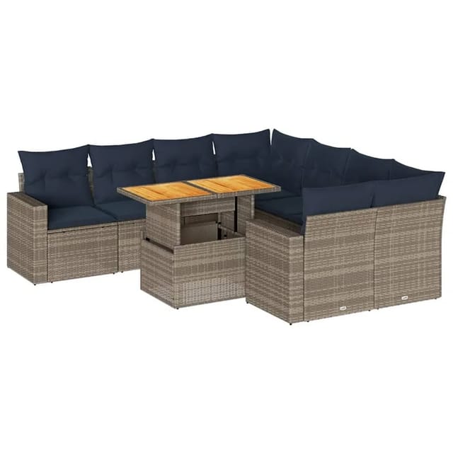 vidaXL 9-Tlg Garten-Sofagarnitur mit Kissen Grau Poly Rattan 3327022