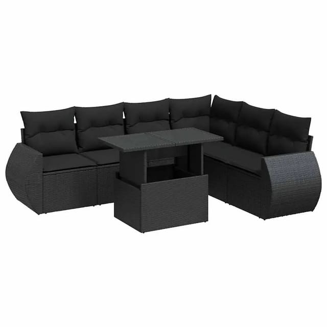 vidaXL 7-Tlg Garten-Sofagarnitur mit Kissen Schwarz Poly Rattan 3326646