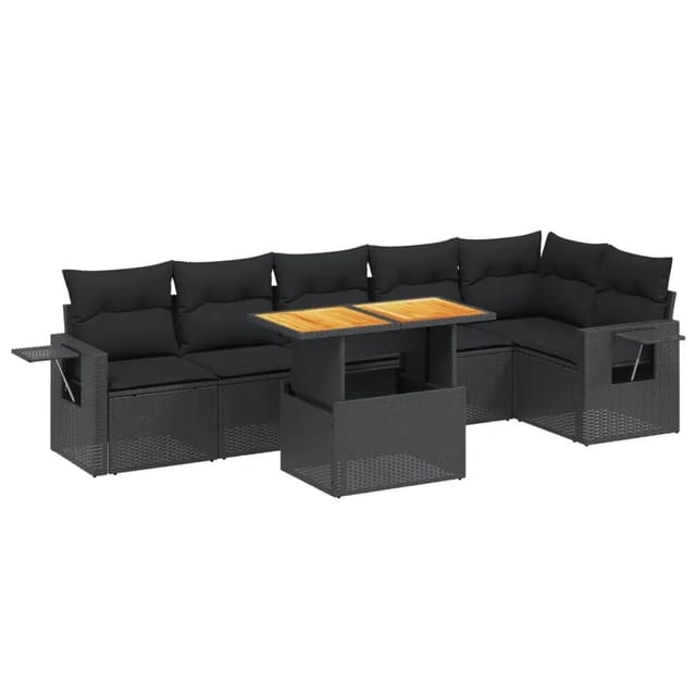 vidaXL 7-Tlg Garten-Sofagarnitur mit Kissen Schwarz Poly Rattan 3271762
