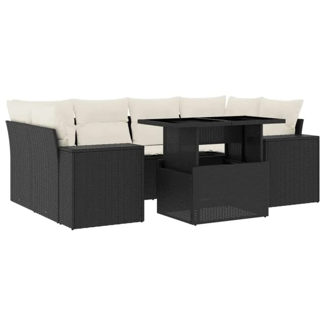 vidaXL 7-Tlg Garten-Sofagarnitur mit Kissen Schwarz Poly Rattan 3269016