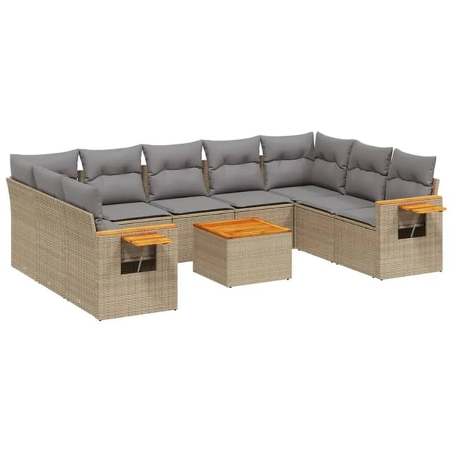 vidaXL 10-Tlg Garten-Sofagarnitur mit Kissen Beige Poly Rattan 3227123