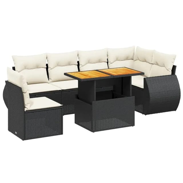 vidaXL 7-Tlg Garten-Sofagarnitur mit Kissen Schwarz Poly Rattan 3272218