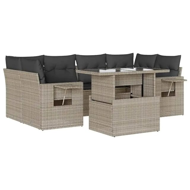 vidaXL 7-Tlg Garten-Sofagarnitur mit Kissen Hellgrau Poly Rattan 3267762