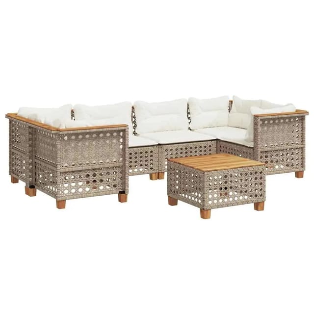 vidaXL 7-Tlg Garten-Sofagarnitur mit Kissen Beige Poly Rattan 3261748