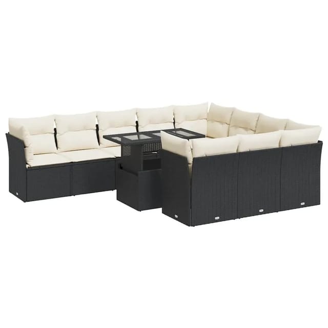 vidaXL 11-Tlg Garten-Sofagarnitur mit Kissen Schwarz Poly Rattan 3326227
