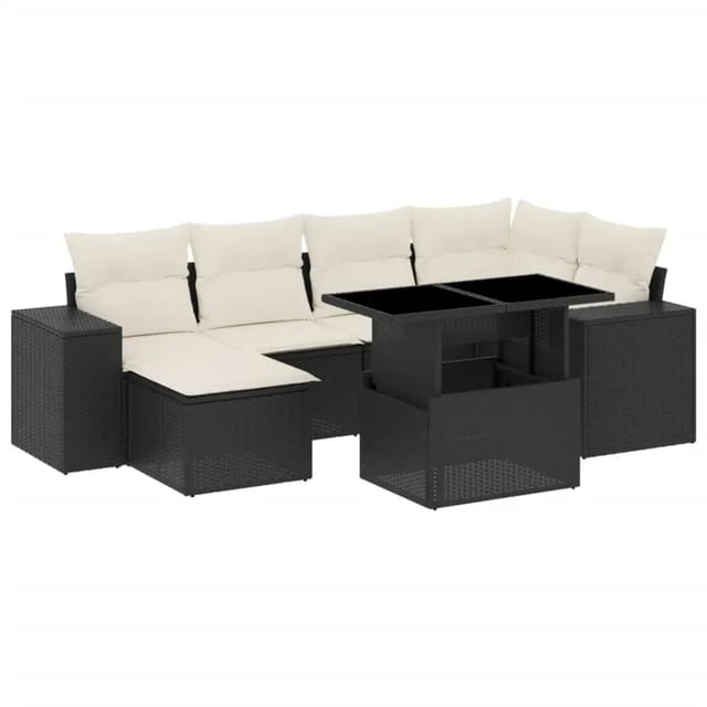 vidaXL 7-Tlg Garten-Sofagarnitur mit Kissen Schwarz Poly Rattan 3269306