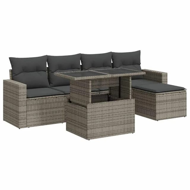 vidaXL 6-Tlg Garten-Sofagarnitur mit Kissen Grau Poly Rattan 3326301
