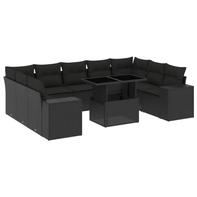 vidaXL 10-Tlg Garten-Sofagarnitur mit Kissen Schwarz Poly Rattan 3269365