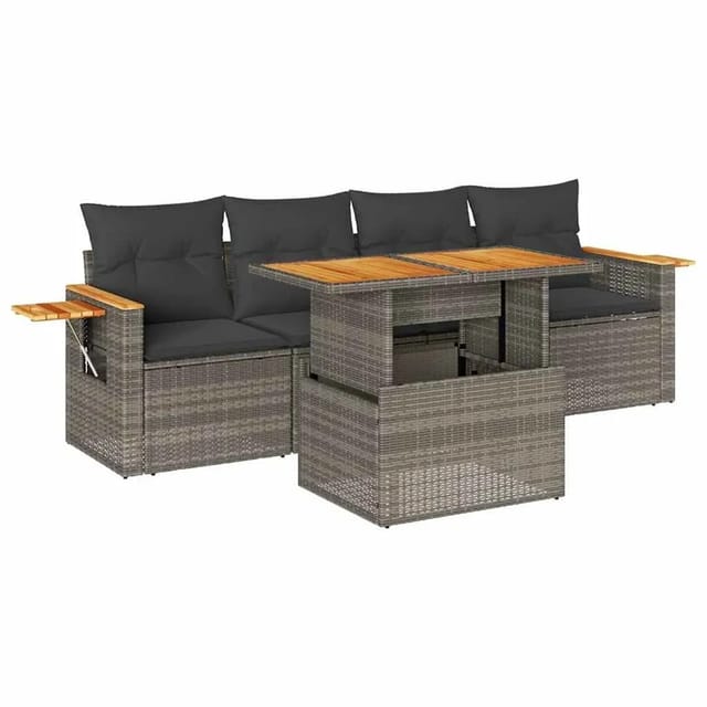vidaXL 5-Tlg Garten-Sofagarnitur mit Kissen Grau Poly Rattan Akazie 3327546