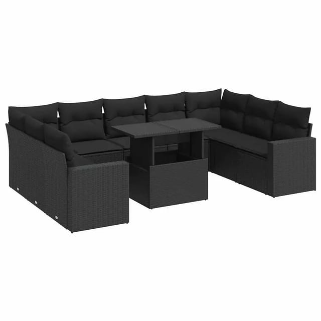vidaXL 10-Tlg Garten-Sofagarnitur mit Kissen Schwarz Poly Rattan 3326376