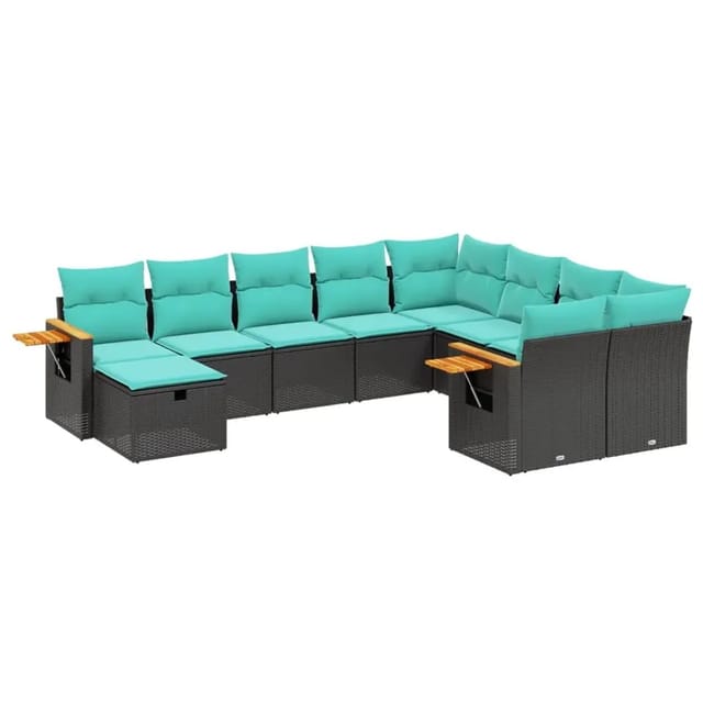 vidaXL 10-Tlg Garten-Sofagarnitur mit Kissen Schwarz Poly Rattan 3227156