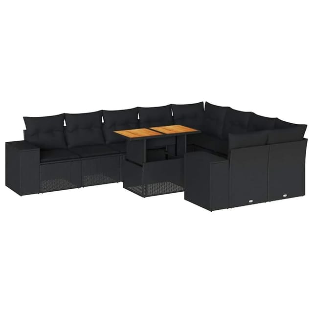 vidaXL 10-Tlg Garten-Sofagarnitur mit Kissen Schwarz Poly Rattan 3327415