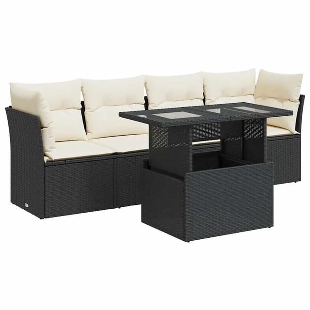 vidaXL 5-Tlg Garten-Sofagarnitur mit Kissen Schwarz Poly Rattan 3326087