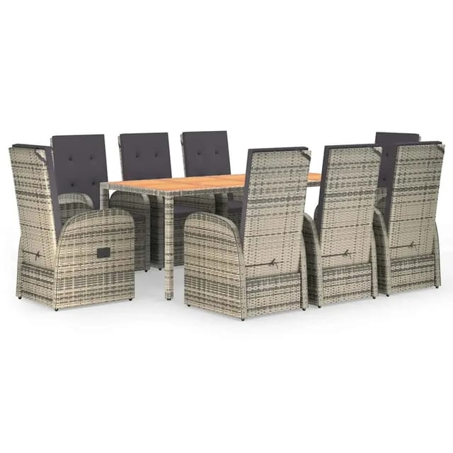 vidaXL 9-Tlg Garten-Essgruppe mit Kissen Grau Poly Rattan 3157589