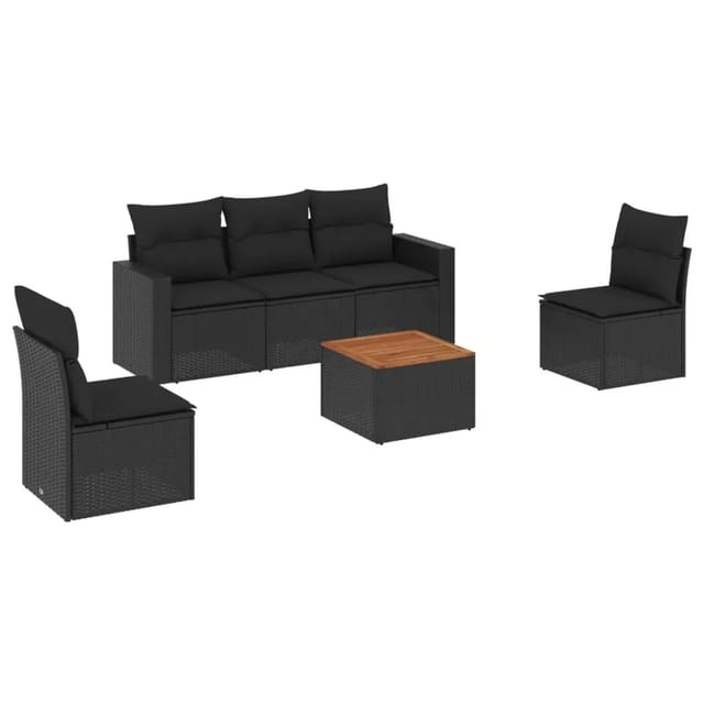vidaXL 6-Tlg Garten-Sofagarnitur mit Kissen Schwarz Poly Rattan 3256391