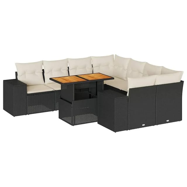 vidaXL 9-Tlg Garten-Sofagarnitur mit Kissen Schwarz Poly Rattan 3327353