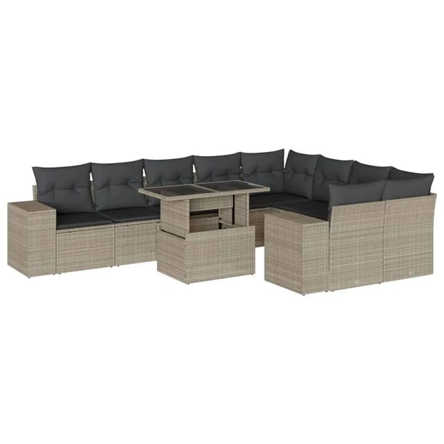 vidaXL 10-Tlg Garten-Sofagarnitur mit Kissen Hellgrau Poly Rattan 3269392
