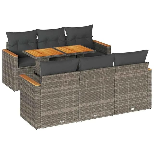vidaXL 7-Tlg Garten-Sofagarnitur mit Kissen Grau Poly Rattan Akazie 3327448
