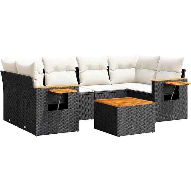 vidaXL 7-Tlg Garten-Sofagarnitur mit Kissen Schwarz Poly Rattan 3226637