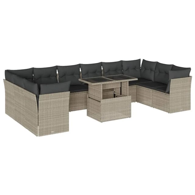 vidaXL 11-Tlg Garten-Sofagarnitur mit Kissen Hellgrau Poly Rattan 3266862