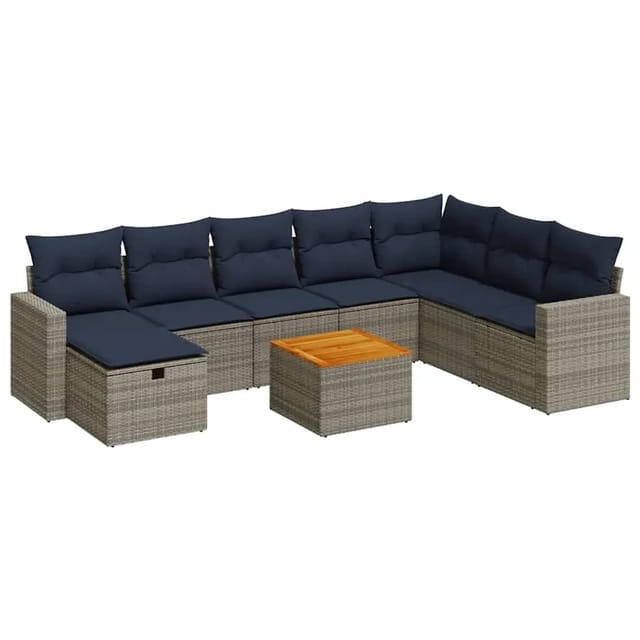 vidaXL 9-Tlg Garten-Sofagarnitur mit Kissen Grau Poly Rattan 3325806
