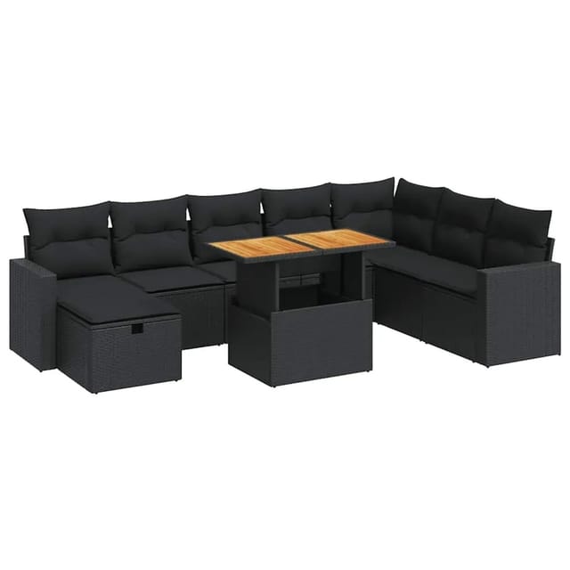 vidaXL 9-Tlg Garten-Sofagarnitur mit Kissen Schwarz Poly Rattan 3328014