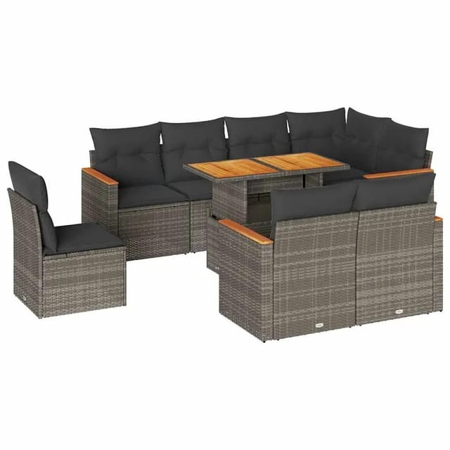 vidaXL 9-Tlg Garten-Sofagarnitur mit Kissen Grau Poly Rattan Akazie 3327504