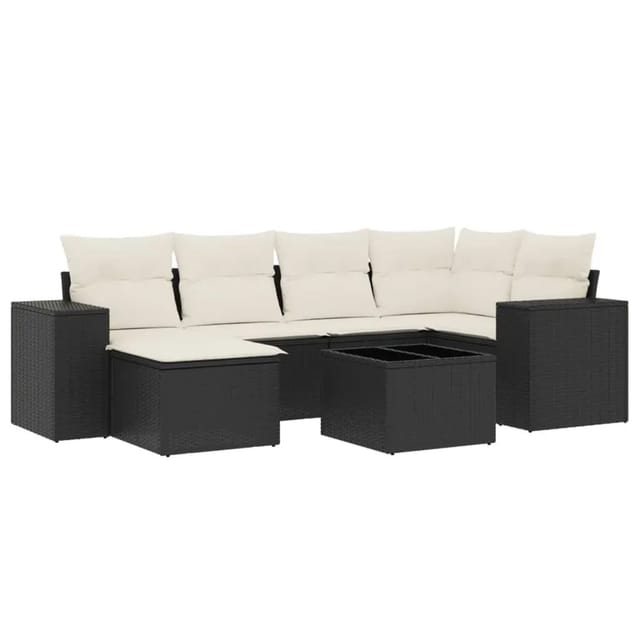 vidaXL 7-Tlg Garten-Sofagarnitur mit Kissen Schwarz Poly Rattan 3255203