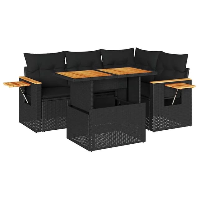 vidaXL 5Tlg Garten-Sofagarnitur mit Kissen Schwarz Poly Rattan Akazie 3327590