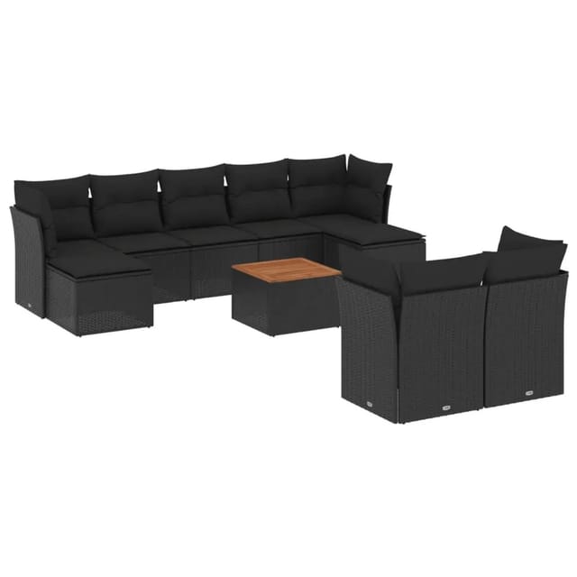 vidaXL 10-Tlg Garten-Sofagarnitur mit Kissen Schwarz Poly Rattan 3256202