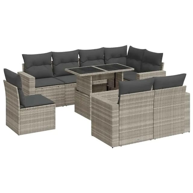 vidaXL 9-Tlg Garten-Sofagarnitur mit Kissen Hellgrau Poly Rattan 3326343