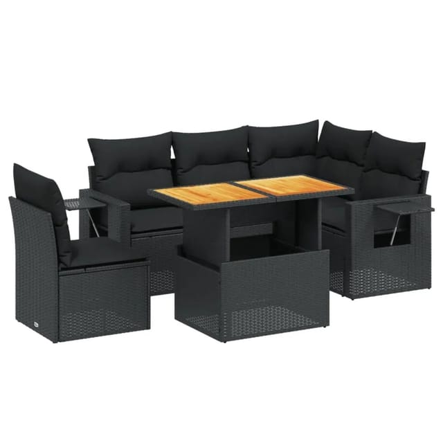 vidaXL 6-Tlg Garten-Sofagarnitur mit Kissen Schwarz Poly Rattan 3271755