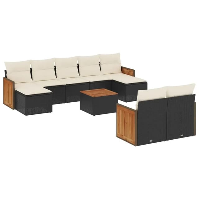 vidaXL 10-Tlg Garten-Sofagarnitur mit Kissen Schwarz Poly Rattan 3228086
