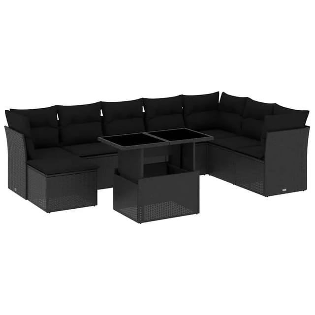 vidaXL 9-Tlg Garten-Sofagarnitur mit Kissen Schwarz Poly Rattan 3266785
