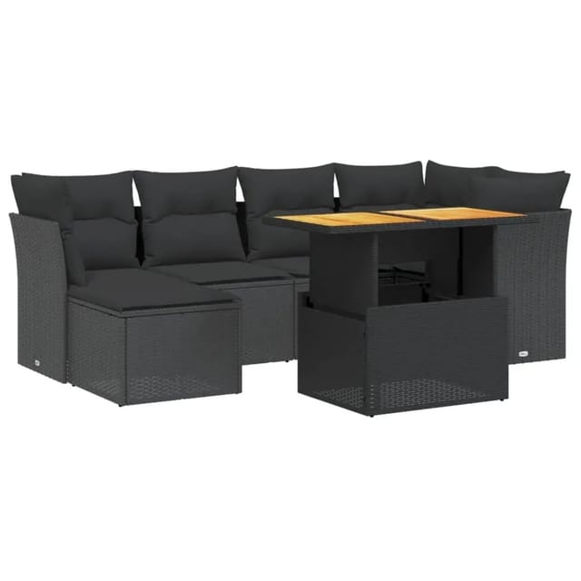 vidaXL 7-Tlg Garten-Sofagarnitur mit Kissen Schwarz Poly Rattan 3275477