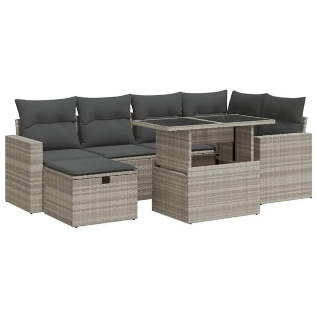 vidaXL 7-Tlg Garten-Sofagarnitur mit Kissen Hellgrau Poly Rattan 3327822