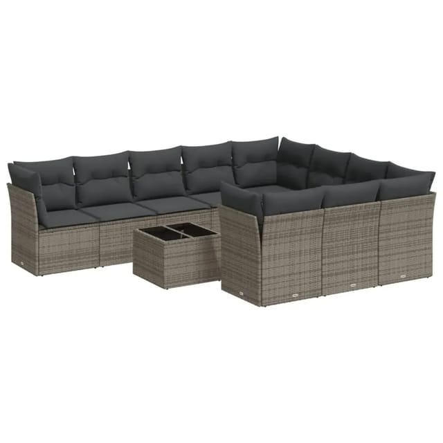 vidaXL 11-Tlg Garten-Sofagarnitur mit Kissen Grau Poly Rattan 3218230