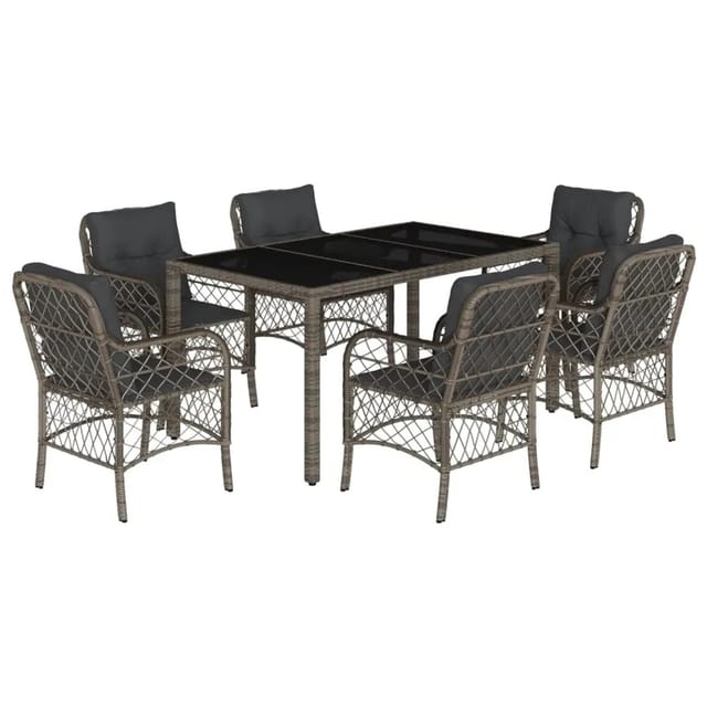vidaXL 7-Tlg Garten-Essgruppe mit Kissen Grau Poly Rattan 3212033