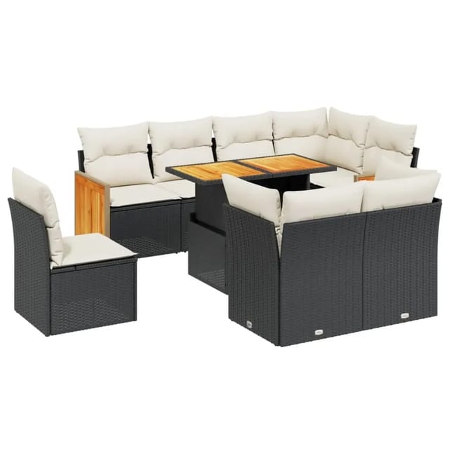 vidaXL 9-Tlg Garten-Sofagarnitur mit Kissen Schwarz Poly Rattan 3274052